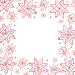Fototapeta na wymiar Hand drawn watercolor beautiful snow flakes frame border isolated on white background. Can be used for cards, labels, banner and other printed products.