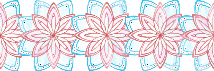 Hand drawn watercolor beautiful snow flakes seamless border isolated on white background. Can be used for textile, labels, banner and other printed products.
