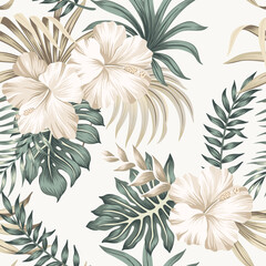 Tropical white hibiscus flower, green palm leaves seamless pattern white background. Exotic jungle wallpaper.