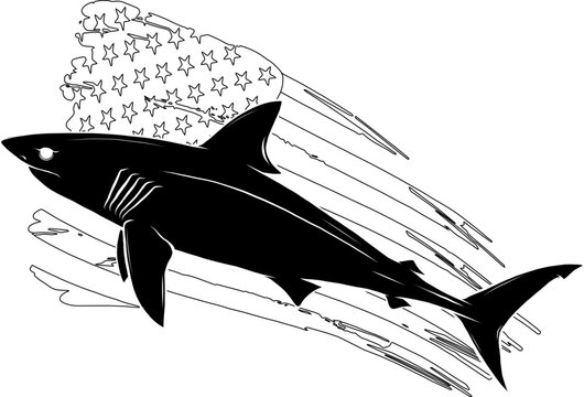 vector black silhouette of shark with american flag