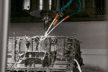 Metalworking CNC lathe milling machine. Cutting metal modern processing technology.