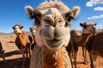 Camel looking at camera, cute and funny camel portrait.