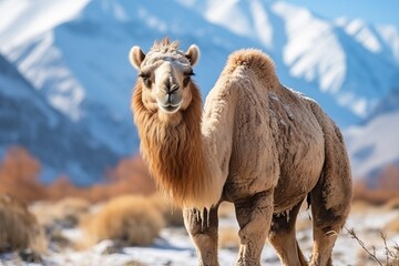 A camel in the snow on the background of snow-capped mountains