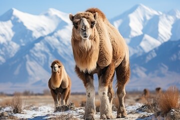 A camel in the snow on the background of snow-capped mountains