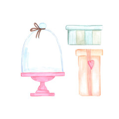 Hand drawn watercolor snow globe with presents. Christmas illustration isolated on white background. Can be used for cards, label and other printed products.