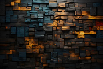 Colorful wooden blocks bricks wall background.wooden wall exterior, patchwork of raw wood forming a beautiful parquet wood pattern,Wood wall pattern.Ai