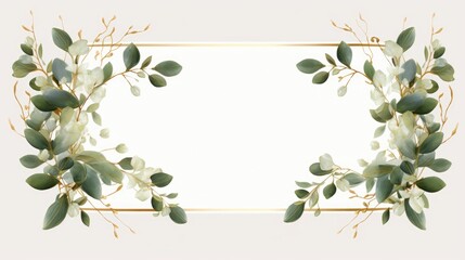The workspace is decorated with green eucalyptus leaves, floral pattern on a white background. The...