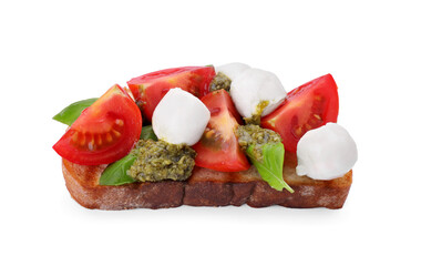 Delicious Caprese sandwich with mozzarella, tomatoes, basil and pesto sauce isolated on white