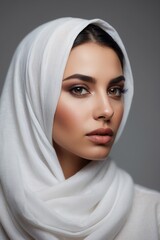 Naklejka premium Close-up portrait of a beautiful Arab Muslim woman wearing a white headscarf, hijab and looking directly into the camera on a gray background. Care, cosmetics, beauty, youth concepts.
