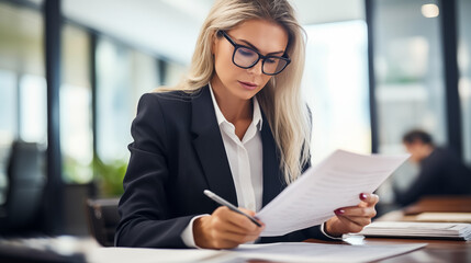 A female lawyer reviewing documents in her office, Business woman, Women day, blurred background, with copy space - obrazy, fototapety, plakaty