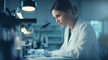 A female scientist conducting research in a laboratory, Business woman, Women day, blurred background, with copy space