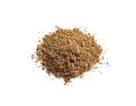 Heap of aromatic caraway (Persian cumin) powder isolated on white, top view