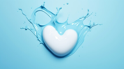 White heart made of cream and water splashes on a light blue background. Cosmetic love concept. Generative AI