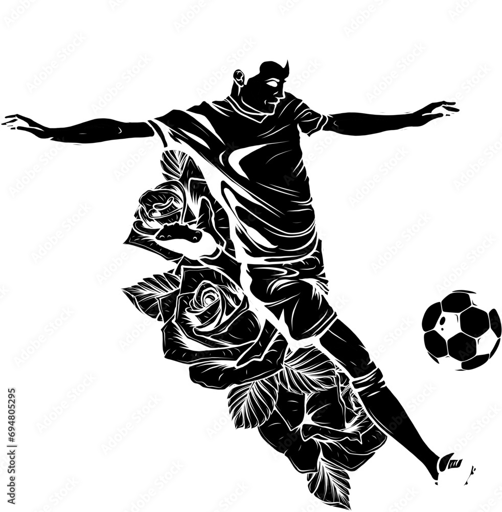 Wall mural black silhouette of football Soccer player kicking ball. Vector illustration