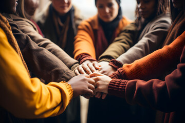 Business Team Huddle. Diverse Friends Hands Commitment.High angle view of a team of united coworkers standing with their hands together in a huddle.Ai - obrazy, fototapety, plakaty