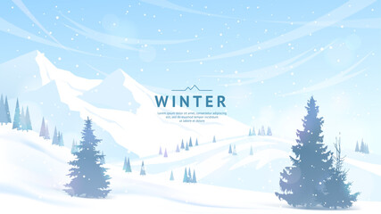 Fototapeta premium Sunny winter day. Mountains and hills are covered with snow, fir trees stand in snowdrifts, clear blue sky. Frosty freshness. Active recreation in winter, adventure tourism. Vector illustration.