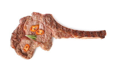 Delicious fried beef meat with chili pepper isolated on white, top view