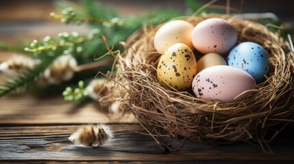 Naklejka na ściany i meble Our image showcases Easter eggs in a nest on a rustic wooden background, creating a festive holiday scene.