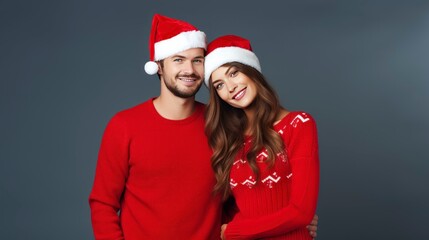 closeup of young couple in stylish Christmas clothes, one color background, copy space - generative ai