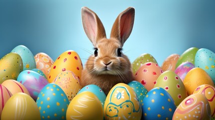 Fototapeta na wymiar curious and cute rabbit peeking behind a pile of ornate Easter Eggs.