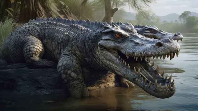 Crocodiles basking on a digitally rendered riverbank, their scales and textures realistically depicted.