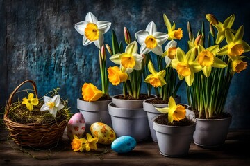daffodils and eggs in basket