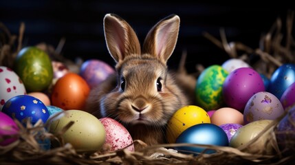 Fototapeta na wymiar curious and cute rabbit peeking behind a pile of ornate Easter Eggs.