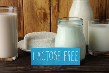 Card with phrase Lactose free and different fresh products on wooden table