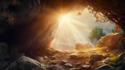 Sacred sunrise! Our image illustrates the Resurrection, featuring a light-filled empty tomb, crucifixion, and divine sunrise
