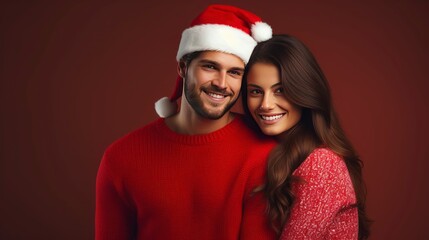 closeup of young couple in stylish Christmas clothes, one color background, copy space - generative ai