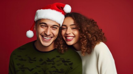 closeup of young couple in stylish Christmas clothes, one color background, copy space - generative ai