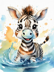 Fototapeta na wymiar kleines Zebra das im Wasser spielt