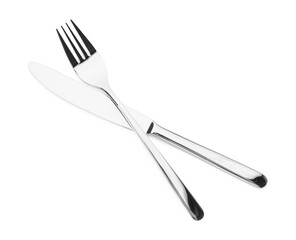 Shiny silver fork and knife isolated on white. Luxury cutlery