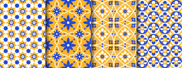 Set of 4 seamless patterns in the style of Portuguese tiles made in bright blue and yellow colors