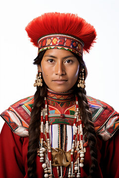a woman wearing a red headdress and a red feather
