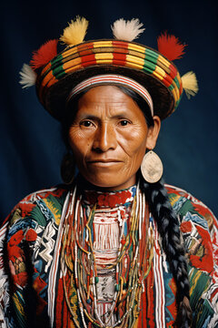 a native american woman wearing a colorful headdress