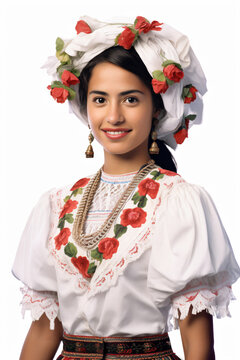 a woman in a white dress and a red rose headpiece