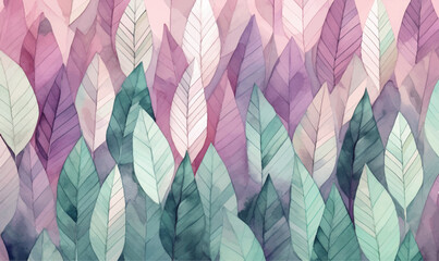 Watercolor leaves pattern background, mauve and forest green colors - obrazy, fototapety, plakaty