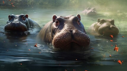 Hippos submerging themselves in a digitally created river, with water droplets and ripples adding to the realism. - obrazy, fototapety, plakaty