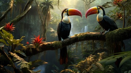 Hornbills perched on intricately designed branches in a 3D-rendered Southeast Asian jungle.