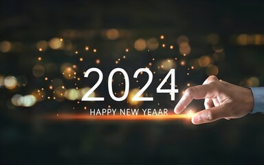 Hand touching on download bar status to change from 2023 to 2024 for countdown of merry Christmas and happy new year by technology concept, Start new business and new life. Banner, card, graphic desig
