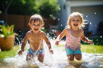 Children having fun splashing in the water in the backyard, summer outdoor activities