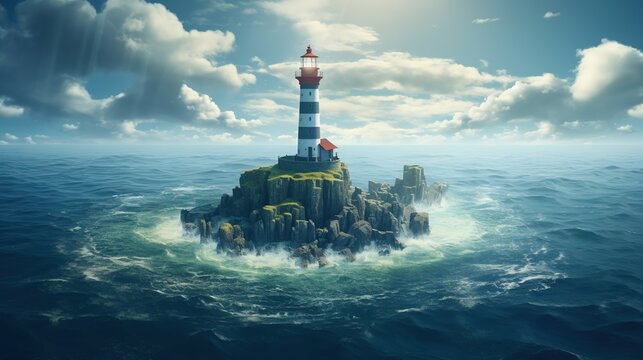 Guidance concept , Lighthouse on small island in middle of the ocean
