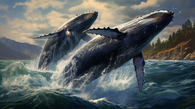 Humpback whales breaching and splashing in a highly detailed ocean environment, complete with realistic water effects.