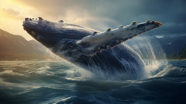Humpback whales breaching and splashing in a highly detailed ocean environment, complete with realistic water effects.