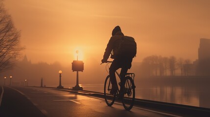 Person Commuting by bike early in the morning