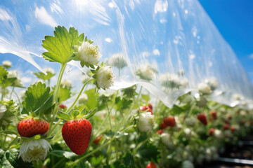 Organic strawberry plant growing in greenhouse