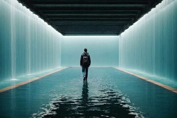 A Man Walking Through an Underwater Tunnel