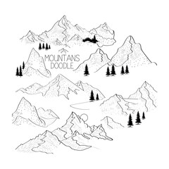 mountain doodle art illustration, hand-drawn mountain elements