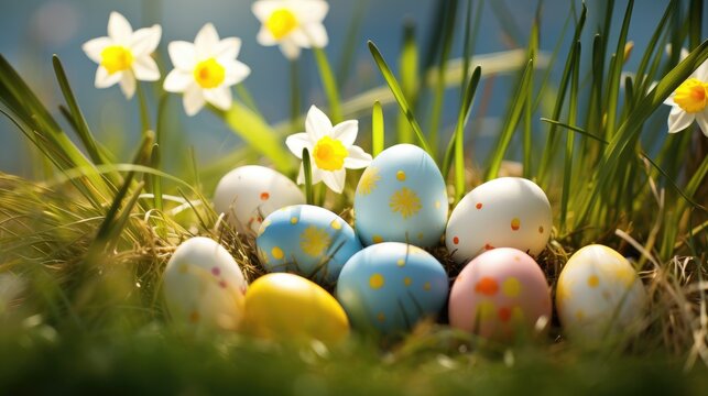 Our image features Easter eggs hiding in the grass with daffodil flowers, creating a festive and playful scene.